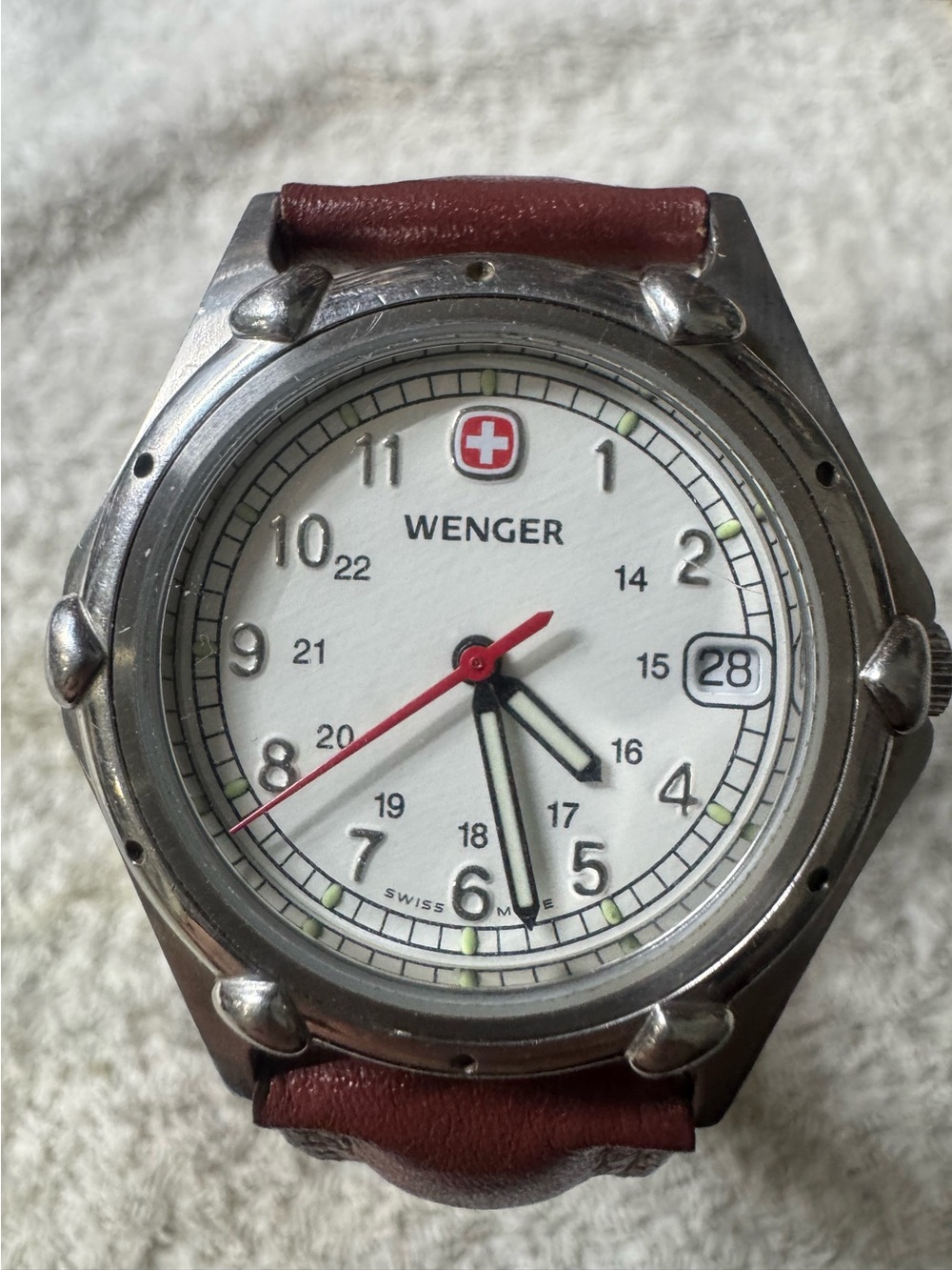 Wenger White Dial Watch with Brown Strap and Red Accent